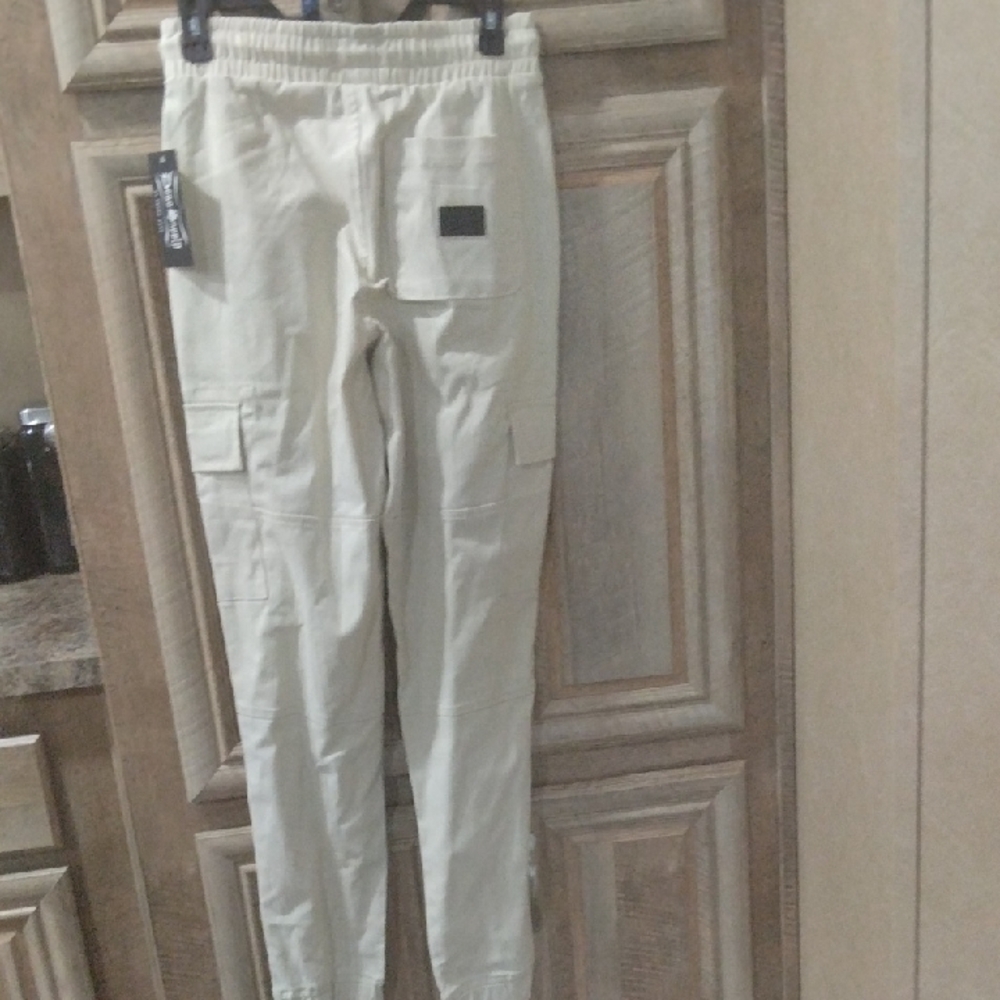 Cream Cargo Pants Relaxed Fit Elastic Waistband